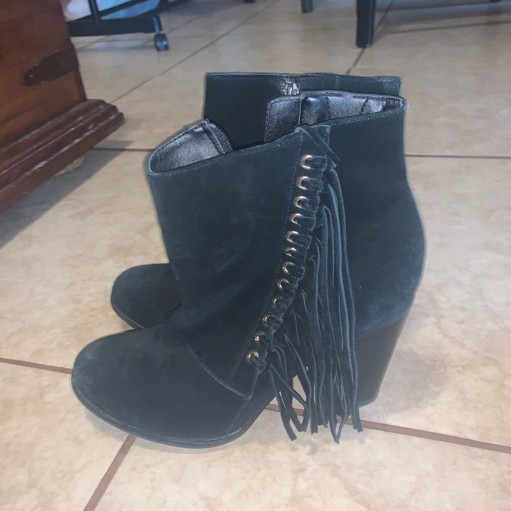 Black suede booties with fringe